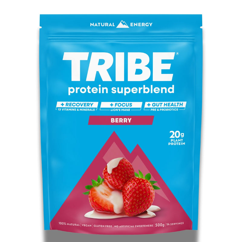 TRIBE Vegan Protein Superblend | 500g | 20g Protein | Recovery, Focus and Digestion | Plant-Based Nutrition Shake | Lion's Mane, Ashwagandha & Magnesium | Berry Flavour