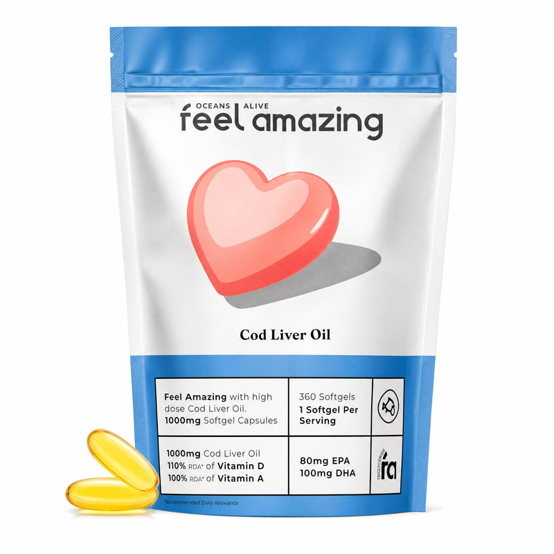Feel Amazing Cod Liver Oil 1000mg Softgel Capsules – Omega 3 Fish Oil with Vitamin A & D – One a Day Daily Supplement for Bone, Vision & Immune Support – 360 Softgels 12 Month Supply Pouch
