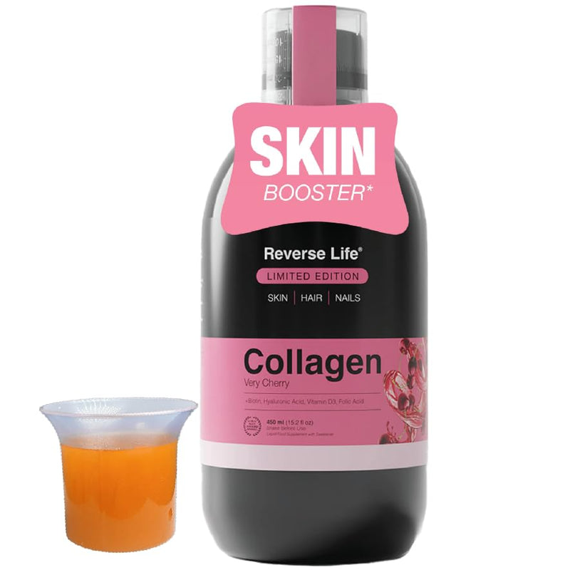 Reverse Life - Limited Edition Very Cherry Skin Booster - 5,000mg Hydrolysed Collagen with Biotin, Vitamin C, B12 & Folic Acid - 30-Day Dose - Collagen Supplements - 450ml 30 Day Supply