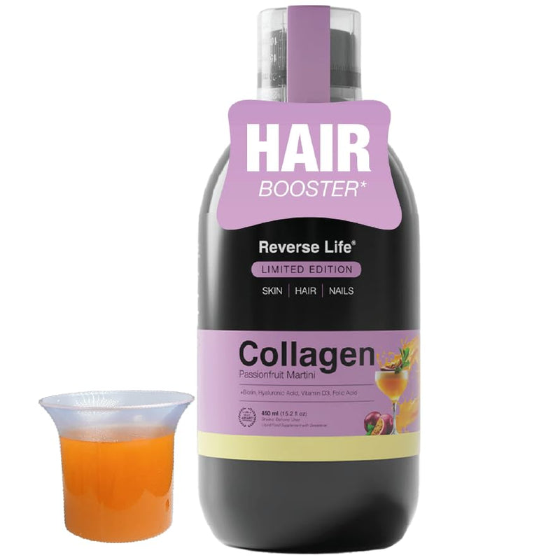Reverse Life - Limited Edition Passionfruit Martini Hair Booster - 5,000mg Hydrolysed Collagen with Biotin, Zinc, Vitamin C and B12-30-Day Dose - Collagen Supplements - 450ml 30 Day Supply