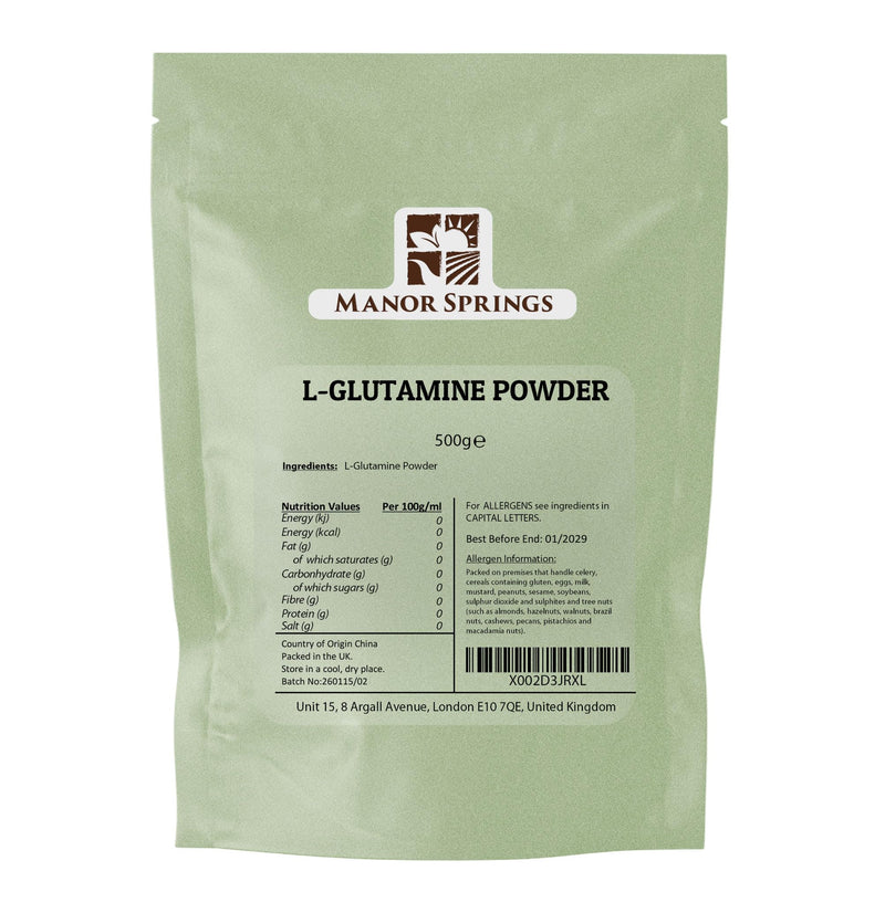 Pure L-Glutamine Powder 500g – Premium Amino Acid Supplement for Muscle Recovery & Gut Health – Unflavoured, Vegan Friendly – by Manor Springs