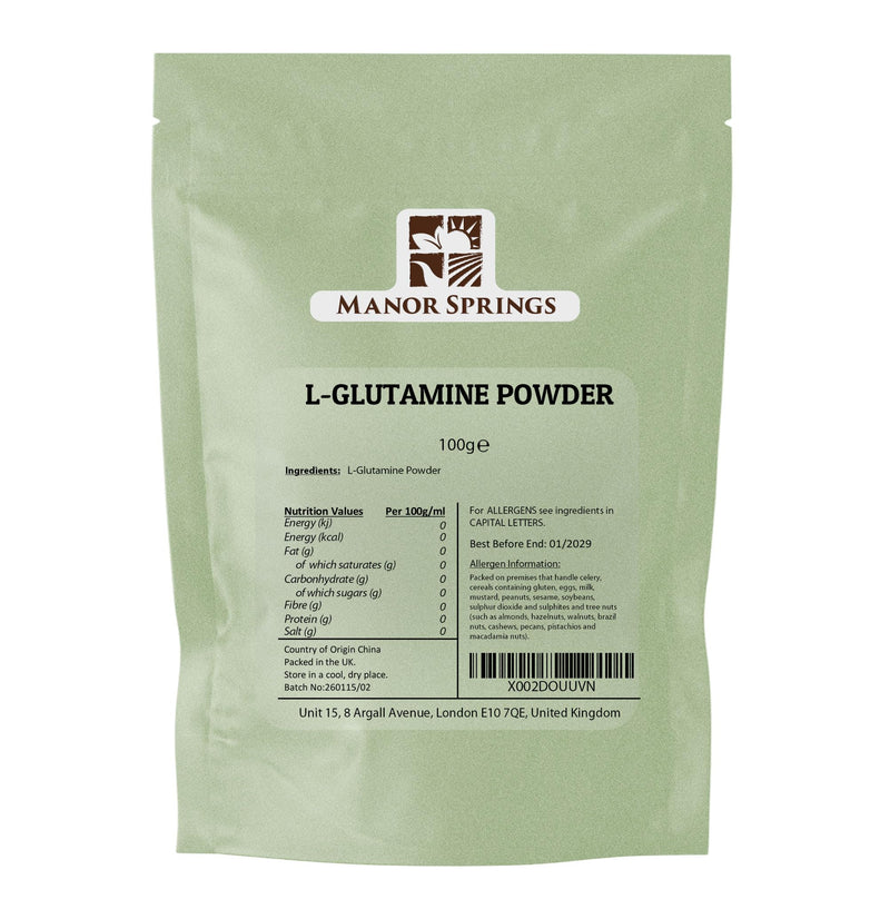 Pure L-Glutamine Powder 100g – Premium Amino Acid Supplement for Muscle Recovery & Gut Health – Unflavoured, Vegan Friendly – by Manor Springs
