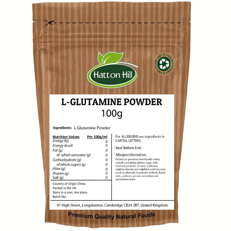 Pure L-Glutamine Powder 100g by Hatton Hill – Premium Amino Acid Supplement for Muscle Recovery & Gut Health – Unflavoured, Vegan Friendly