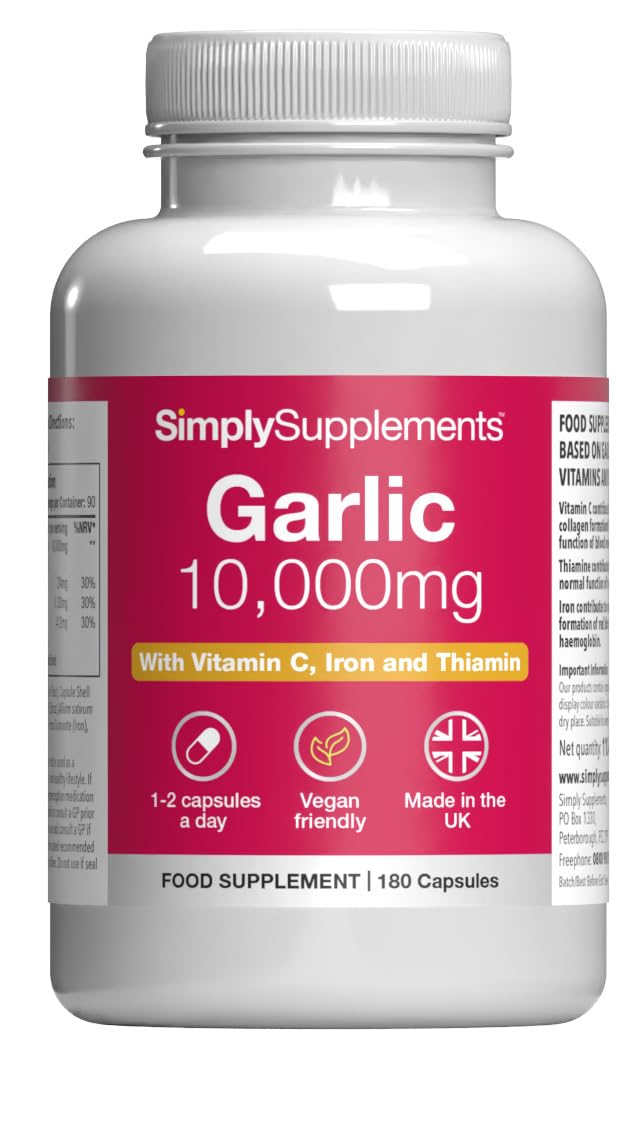 High-Strength Garlic Capsules | Supports Heart, Normal Blood Circulation & Immune Health | with Vitamin C, Iron & Thiamine | Vegan Friendly | 180 Capsules = 3 Months’ Supply | UK Made Unflavoured 180 count (Pack of 1)