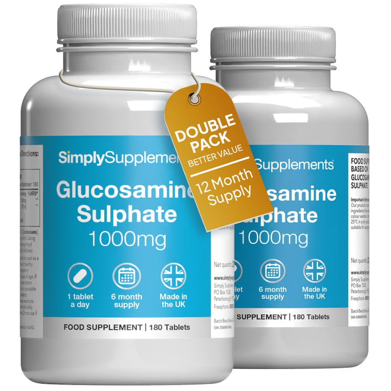 Glucosamine Sulphate 2KCL 1000mg | One-A-Day Potent Formula | Supports Active Living | 360 Fast Release Tablets = 12 Months’ Supply | Marine Sourced | Made in The UK in Accordance with GMP Standards Unflavoured 180 count (Pack of 2)
