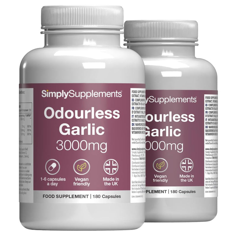 High Strength Odourless Garlic Capsules with Added Vitamin C, Thiamine and Iron | 360 Vegan & Vegetarian Capsules | Heart Health & Circulation Support | Fast Release & Absorption | UK Made Unflavoured 180 count (Pack of 2)