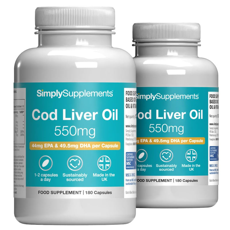 Pure Cod Liver Oil 550mg | Rich in Essential Fatty Acid, EPA, DHA & Omega 3 | Vitamin A & D | 360 Soft-Gel Capsules = Up to 1 Year Supply | UK Made | Made with MSC-Certified Sustainable Cod Liver Oil Unflavoured 180 count (Pack of 2)