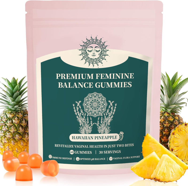Premium Feminine Balance Gummies, Pineapple Gummies Women, Low Sugar for Women's Health and Wellness - Immune Support - Vegan, Gluten-Free - Hawaiian Pineapple - 60 Gummies - 30 Servings