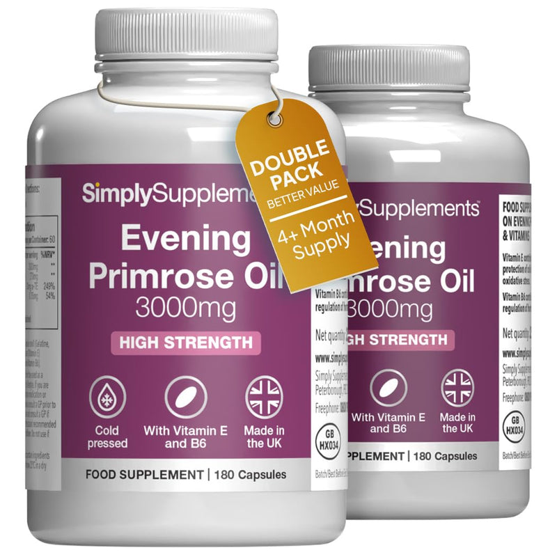 Evening Primrose Oil 3000mg Capsules | Supports Hormonal Balance & Healthy Skin | with Added Vitamins B6 & E | 360 Softgels Capsules = 4 Months’ Supply | GMP-Certified & UK-Made Unflavoured 180 count (Pack of 2)