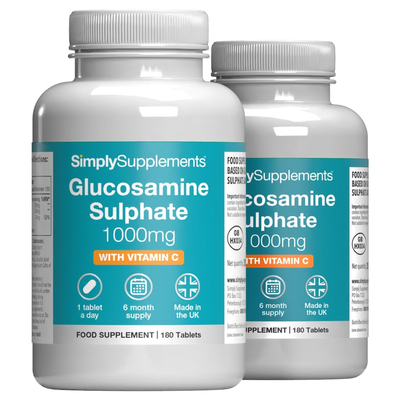 Glucosamine Sulphate 1000mg with Vitamin C | Premium-Grade Glucosamine | 180+180 (360) Tablets | Manufactured in The UK Unflavoured 180 count (Pack of 2)