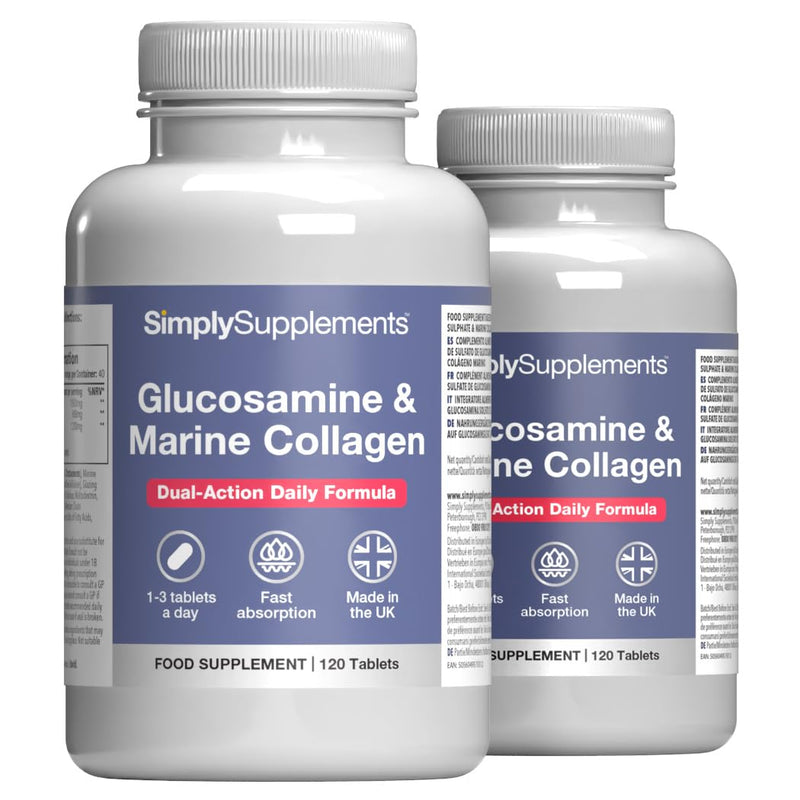 Glucosamine & Marine Collagen | Dual-Action Formula | 240 Fast Absorption Tablets = Up to 8 Months’ Supply | Marine Sourced | Made in The UK in Accordance with GMP Standards Unflavoured 120 count (Pack of 2)