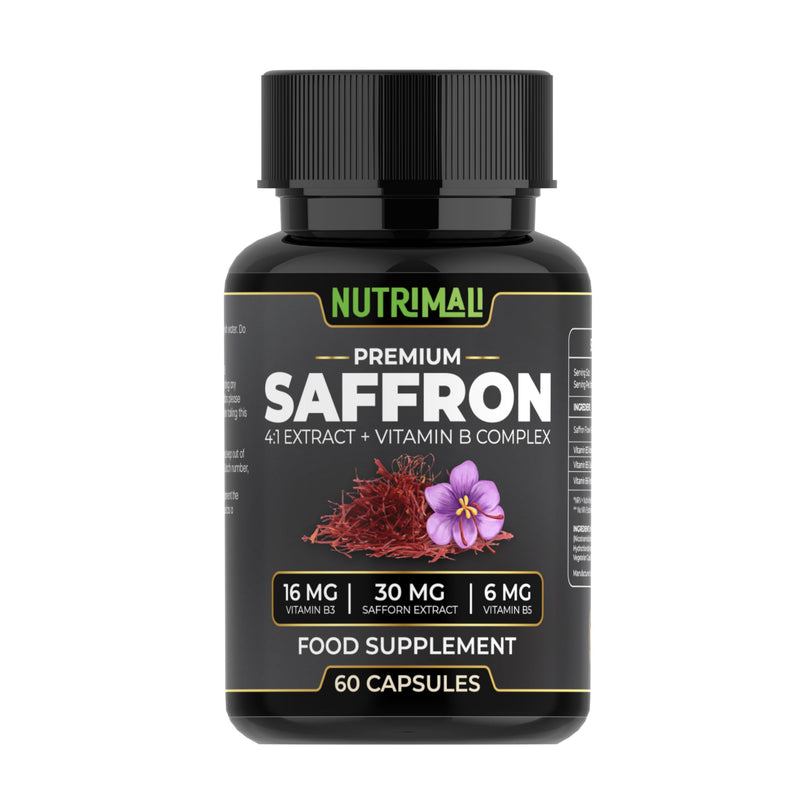 Saffron Supplement – 4:1 Saffron Extract + Vitamin B Complex | High Strength - 60 Vegan Capsules | 100% Pure Saffron, Non-GMO | By NutriMali
