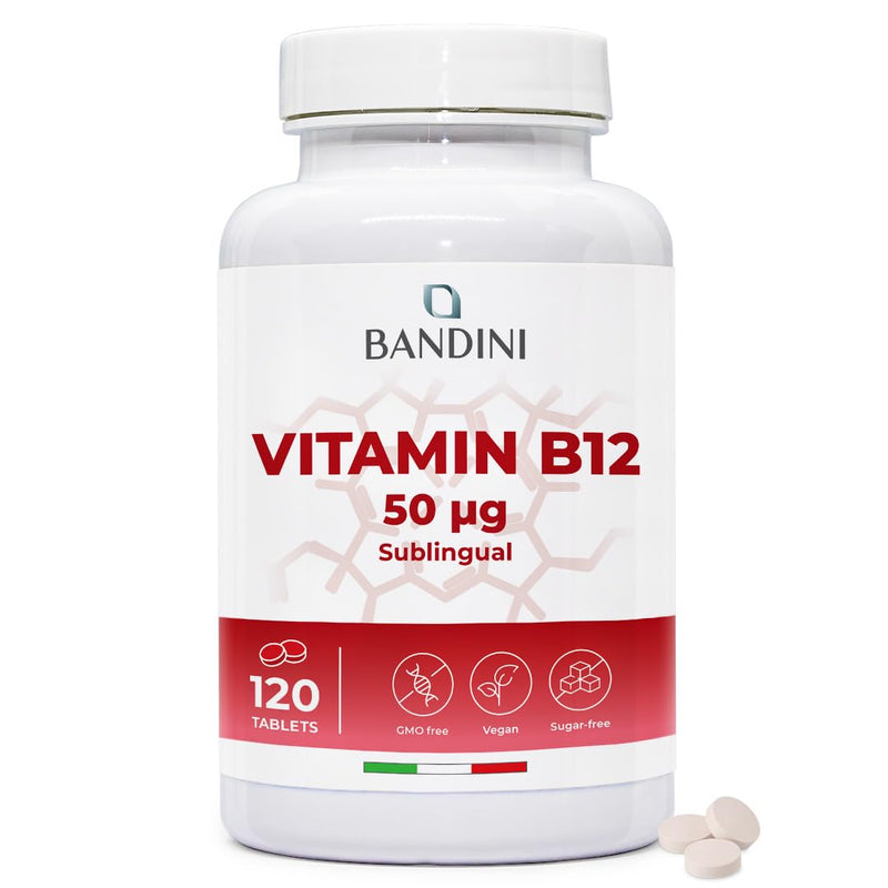 Bandini® Vitamin B12-120 High Strength Sublingual Tablets - Cyanocobalamin 50µg - VIT B-12 Supports Energy, Metabolism, Reduces Tiredness & Fatigue - for Vegetarian & Vegan, Non-GMO Supplement