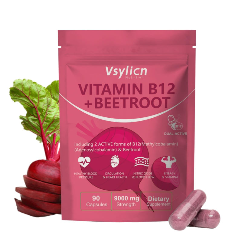 9000mg Beetroot Extract & 1000mcg Vitamin B12 Complex - Methylcobalamin & Adenosylcobalamin - Energy & Immune Support - Blood Pressure Supplements, Vegan, Nitric Oxide Supplement - 90 Capsules