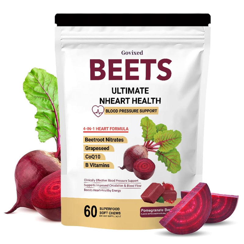 Beets Ultimate Heart Health Chews for Blood Pressure Support, with Beetroot Powder, CoQ10, B Vitamins & Grapeseed, Pomegranate Berry, 60 Soft Chews
