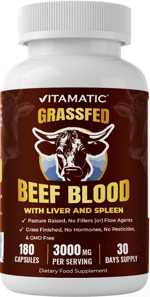 Vitamatic Grass Fed Beef Blood with Liver and Spleen - 180 Capsules - Freeze Dried & Non-GMO - Pasture Raised Glandular Supplement - Made in USA