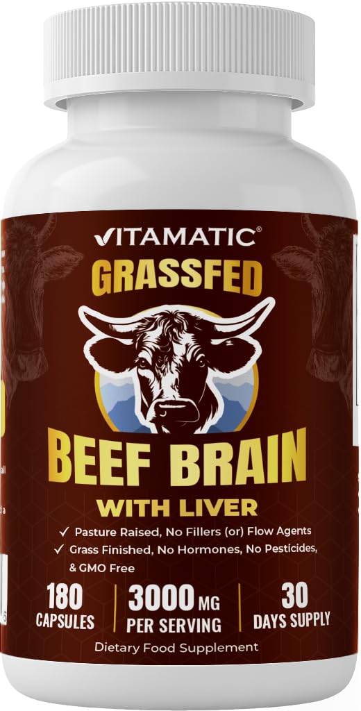 Vitamatic Grass Fed Beef Brain with Liver - 180 Capsules - Freeze Dried & Non-GMO - Pasture Raised Glandular Supplement - Made in USA