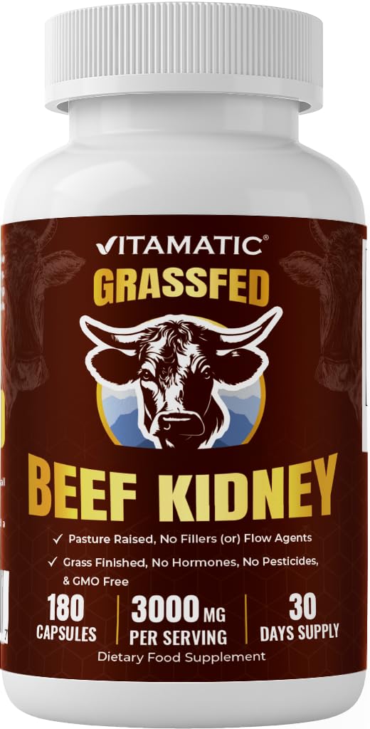 Vitamatic Grass Fed Beef Kidney with Liver - 180 Capsules - Freeze Dried & Non-GMO - Pasture Raised Glandular Supplement - Made in USA