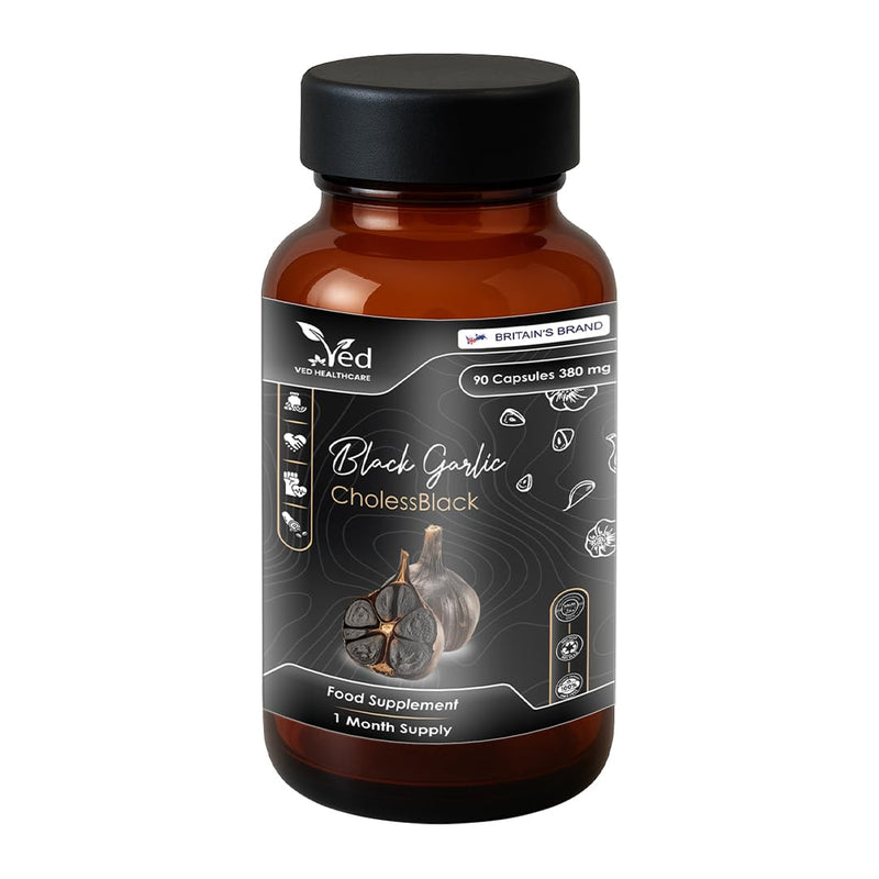 VED CholessBlack, 90 Capsules, Fermented & Odorless Black Garlic Supplement with White & Red Hawthorn, Wild & Lemon Balm Leaf, Non-GMO, Halal, 3 Capsules per Day