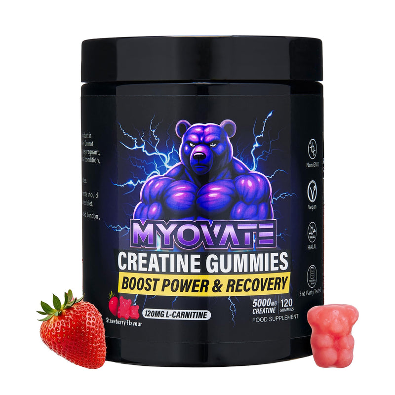 120 Creatine Gummies 5000mg with L Carnitine - Boosts Muscle Growth, Strength, Power, Endurance, Reduces Fat, Enhances Recovery, Vegan, Halal, Non-GMO, Strawberry Flavour