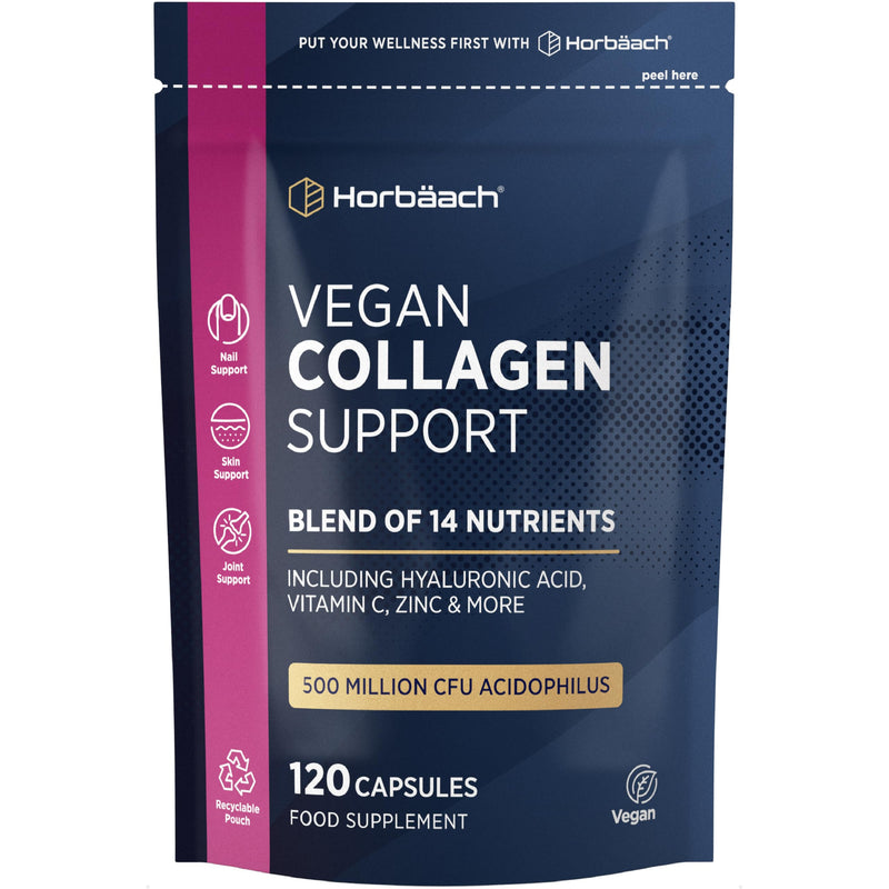 Vegan Collagen Supplements for Women & Men | with Hyaluronic Acid, Vitamin C, Zinc & More | Blend of 14 Nutrients Including 500 Million CFU Acidophilus | Collagen Support | 120 Capsules | by Horbaach