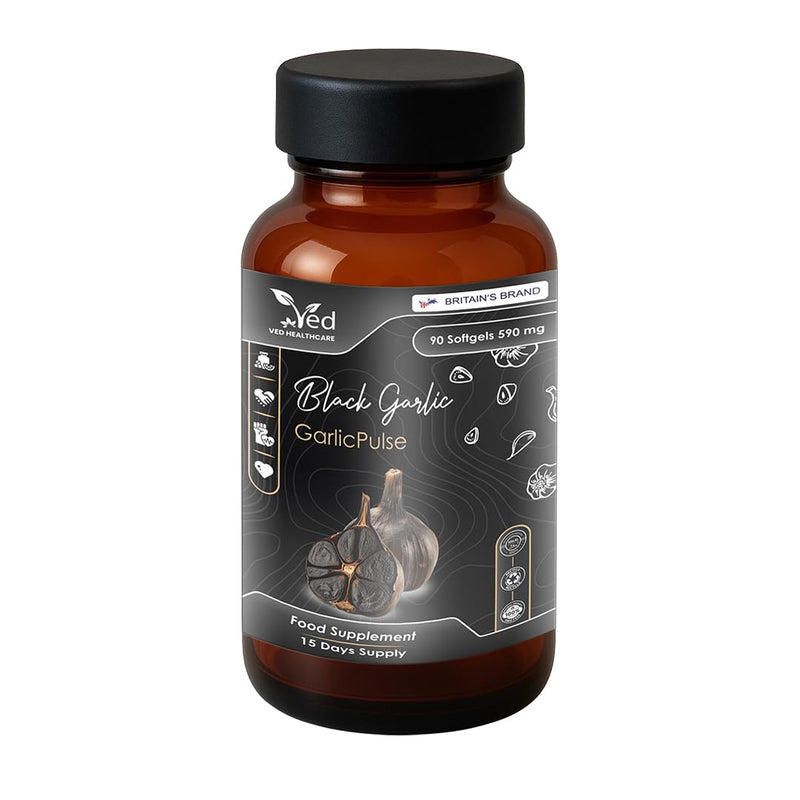 VED GarlicPulse, 90 Softgels, Fermented & Odorless Black Garlic Supplement with White Hawthorn Flower and Leaf, White Mistletoe herb, Non-GMO, Halal, 6 Softgels per Day