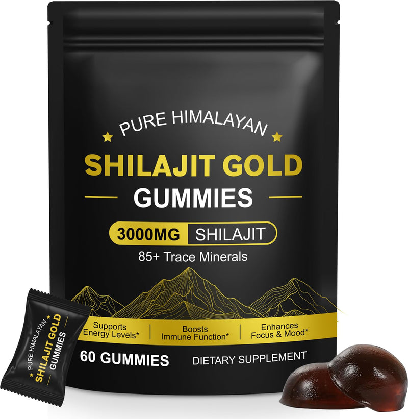 Shilajit Gummies 3000mg, Pure Himalayan Gold with Ashwagandha, Chaga & Fulvic Acid, 85+ Trace Minerals for Energy, Immunity & Vitality, Vegan, Sugar-Free, Gluten-Free, Non-GMO, 60 Gummies