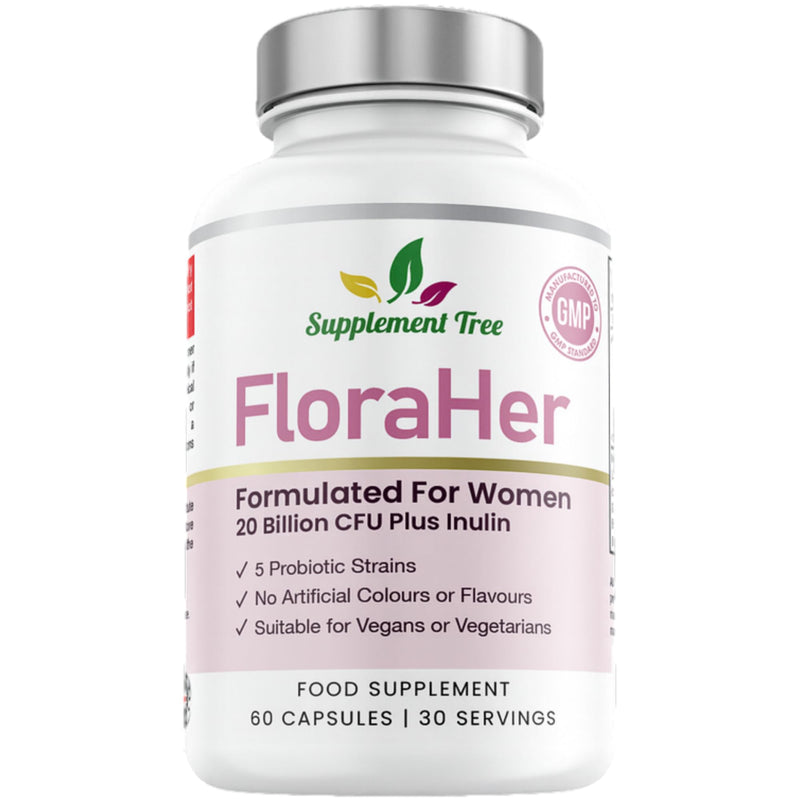 FloraHer Probiotics for Women – 20 Billion CFU with Inulin – Saccharomyces Boulardii, Lactobacillus & Bifidobacterium Blend – 60 Vegan Capsules, 30 Servings, UK Made 60 count (Pack of 1)