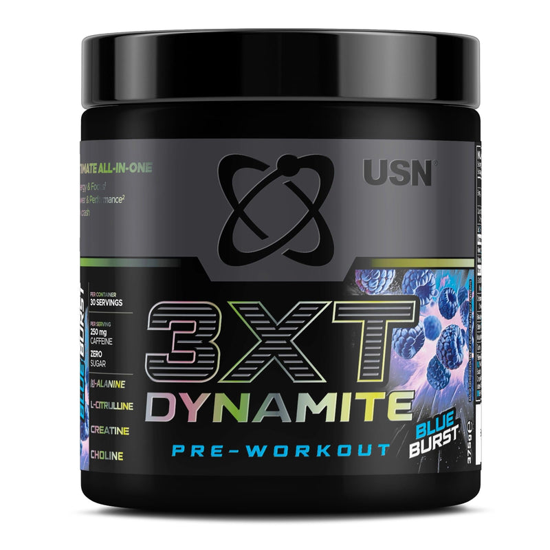 USN 3XT Dynamite Pre Workout Powder (30 Servings – 375g). Pre- Workout Energy Drink with Natural Caffeine (250mg), Citrulline, Creatine, Beta Alanine, Choline, Taurine and Zero Sugar – Blue Raspberry