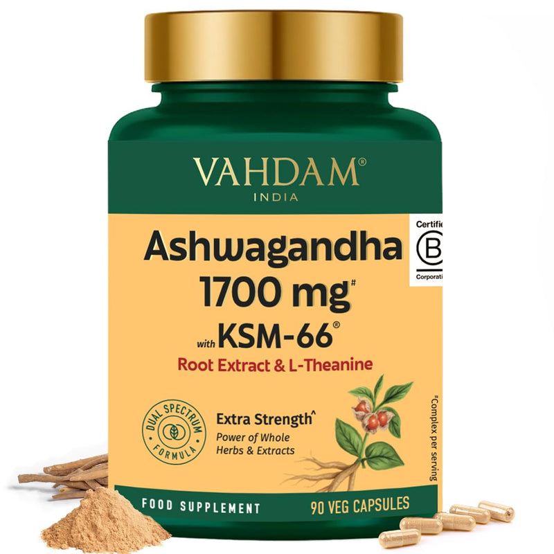 VAHDAM Ashwagandha Supplement 1700mg | 90 Capsules (1 Months Supply) with KSM- 66 Ashwagandha Root Extract and L-Theanine