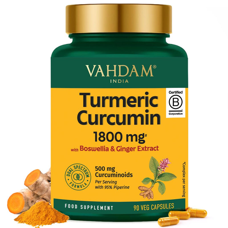 VAHDAM Turmeric Curcumin Supplement 1800mg (500mg Curcuminoids) with Boswellia & Piperine | 90 Capsules