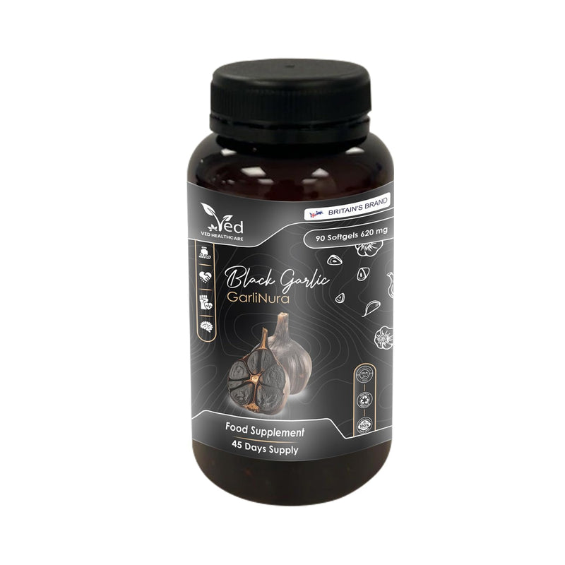 VED GarliNura, 90 Softgels, Fermented & Odorless Black Garlic Supplement with Lavender Flower, Rosemary Leaf, Green Tea Leaf, ALA, Vitamin E, B6, B2, B1, Non-GMO, Halal, 2 Softgels per Day.