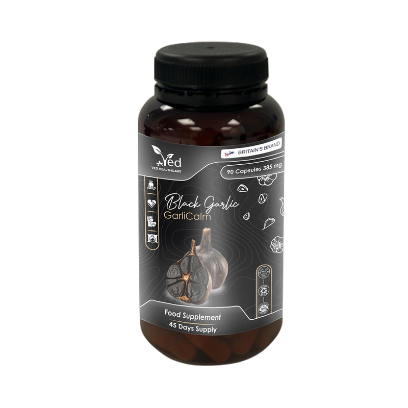 VED GarliCalm, 90 Capsules, Fermented & Odourless Black Garlic Supplement with Motherwort, Iodine & Vitamin E, Non-GMO, Halal, 2 Capsules per Day.