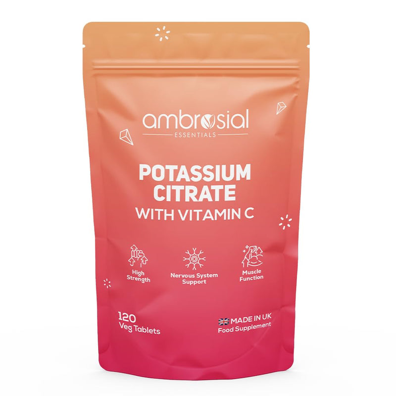 Ambrosial Potassium Citrate 1380 mg with Vitamin C 80 mg – High Strength Potassium Supplements for Women & Men – Vegan, Gluten-Free, GMP-Certified, 120 Tablets (2 Months)