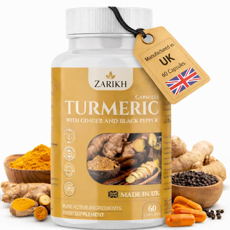 High Strength Turmeric and Black Pepper Capsules with Ginger Root | Supports Joint, Immune, Gut & Kidney Health | Anti Inflammatory Turmeric Supplement | 60 Vegan Turmeric Capsules | UK Made