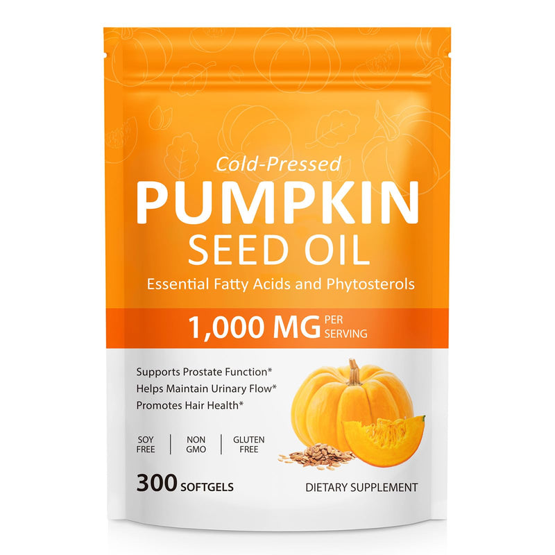 Pumpkin Seed Oil Capsules (1,000mg/serving), Cold-Pressed Pumpkin Seed Oil for Hair Growth, Prostate Health, Urinary Tract Support, 300 Softgels Supplement of Essential Fatty Acids & Zinc