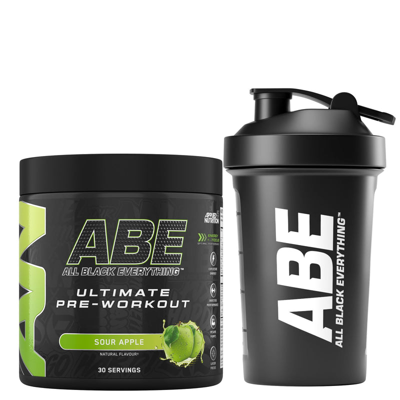 Applied Nutrition Bundle ABE Pre Workout 375g + ABE Black Shaker 400ml | All Black Everything Pre Workout Powder, Energy Drink, Physical Performance, Creatine, Beta Alanine, Caffeine (Sour Apple) Sour Apple Shaker 400 ml