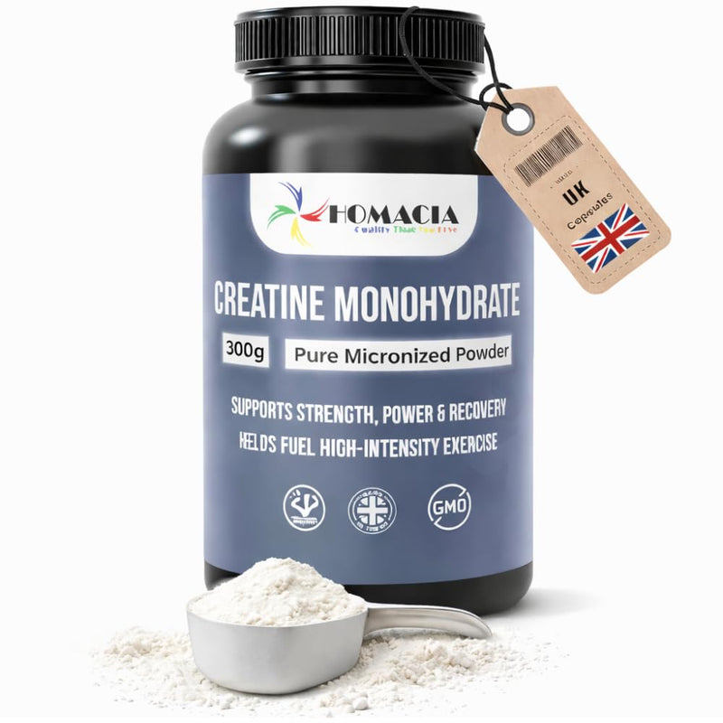 Homacia | Creatine Monohydrate Micronized Powder | Supports Muscle Growth, Strength, Recovery & Energy | 100% Pure Unflavoured Creatine 5g Scoop | 300g | UK Made 300 Grams