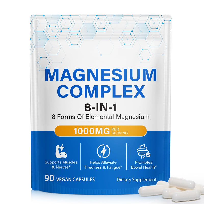 Magnesium Complex Supplement 90 Count, 8-in-1 Magnesium Complex Capsules, Easy Absorption for Sleep, Muscle Relaxation, Nerve & Heart Health, Energy, Non-GMO, Vegan