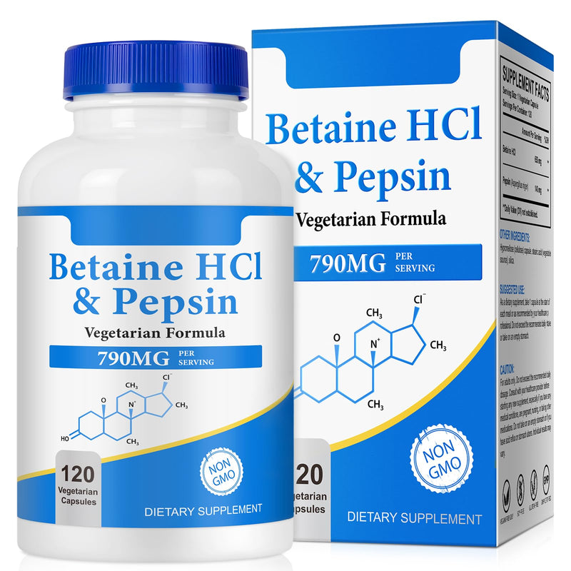 Betaine Hydrochloride (HCl) with Pepsin, 120 Capsules Betaine HCl Capsules Supports Healthy Digestion, Helps Maintain Acid Levels - Gluten Free
