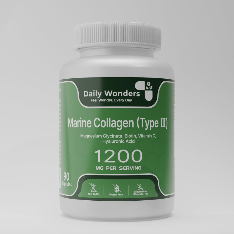 Marine Collagen 1200mg – Type 3 Collagen Plus Vitamin C, Biotin & Hyaluronic Acid – Healthy Hair, Glowing Skin, Strong Nails & Joint Care – 90 Capsules