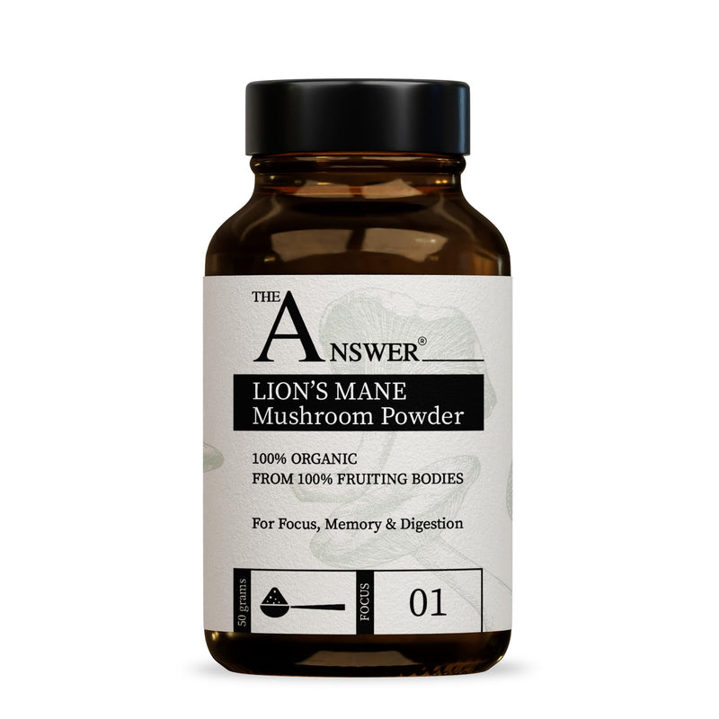 The Answer 100% Organic Lion's Mane Mushroom Powder 50g for Focus, Memory and Digestion - 1000mg-2000mg per Day - High Strength Immune Support Supplement and Everyday Superfood - Made in The UK