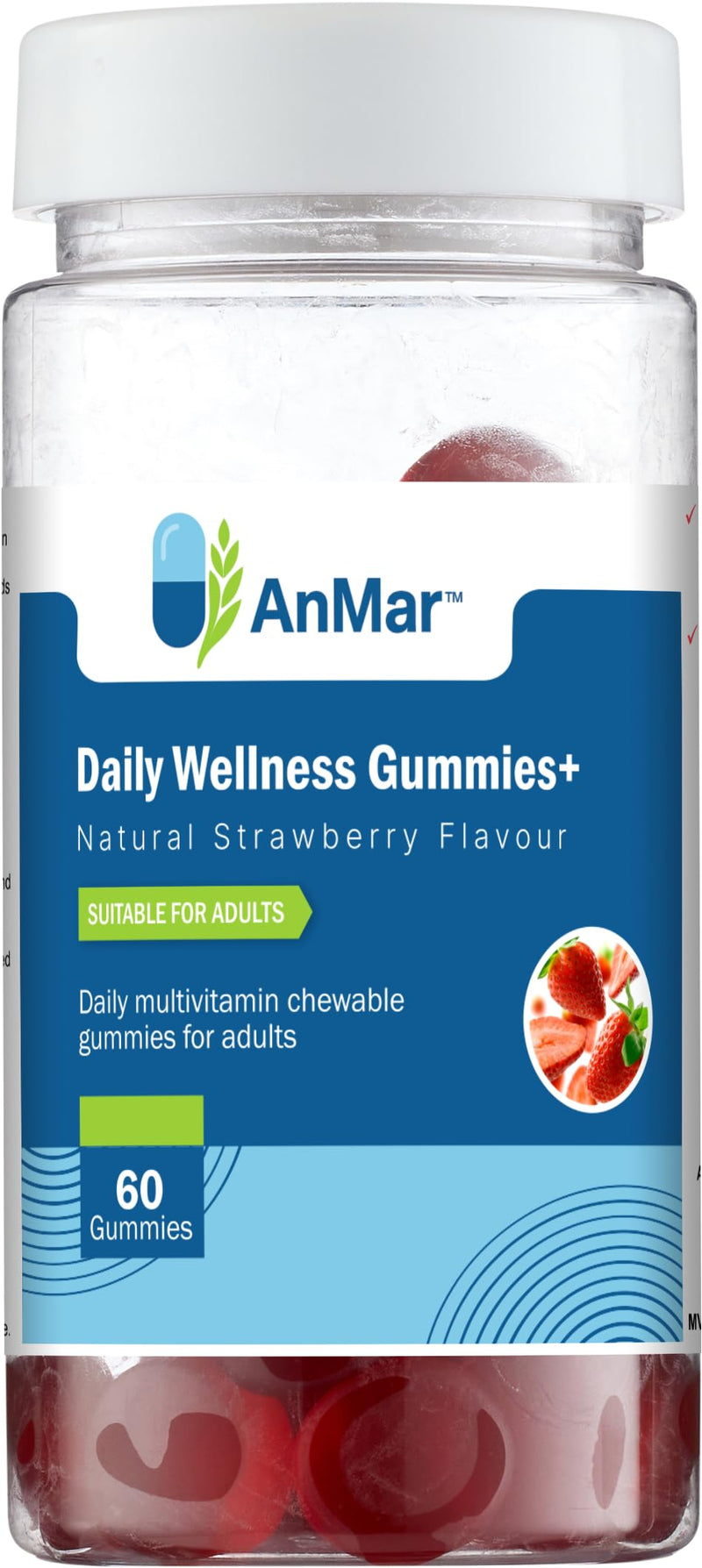 AnMar Daily Wellness Gummies+ – Multivitamin Gummies for Adults with Vitamins A, C, D, B12, Biotin & Zinc – Strawberry Flavour – 60 Gummies