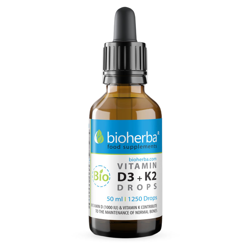 Vitamin D3 + K2 Drops by Bioherba | Vegan Liquid Supplement with No Additives 50 ml 50 ml (Pack of 1)