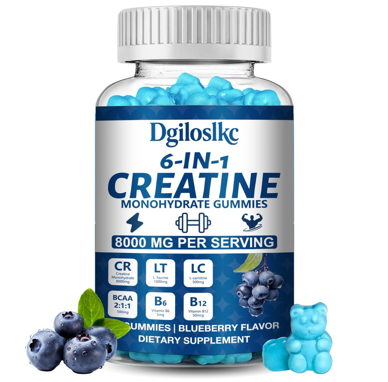 1 Pack 8000MG Creatine Monohydrate Gummies with 500mg BCAAs for Men & Women, L-Taurine, Vitamin B6 12, Workout Gym Support for Performance and Muscle Power, Powder Tablets Blueberry, 90ct