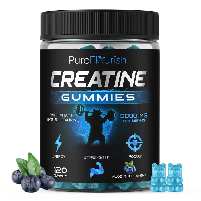 Creatine Gummies 5000mg Creatine monohydrate with 1000mg L-Taurine & 200mcg Vitamin B12 per Serving. (1 Month Supply). Vegan, Sugar-Free Gym Support for Performance & Muscle Power. Blueberry 1 count (Pack of 120)