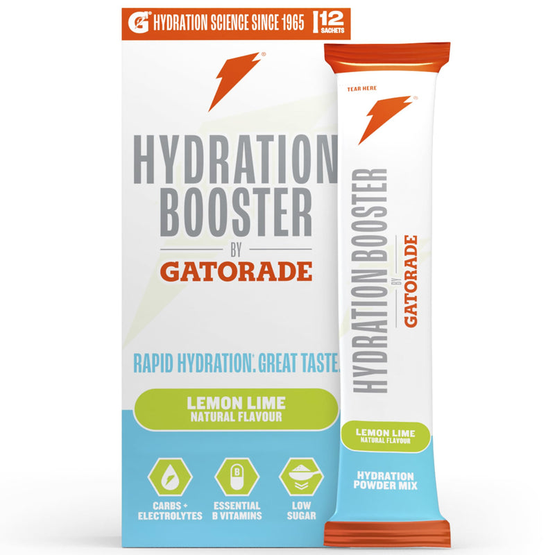 Hydration Booster by Gatorade Carbohydrate-Electrolyte Sachets - Hydration Powder Drink Mix with Carbohydrates, Electrolytes and B Vitamins (Lemon Lime, 12 Servings) Lemon Lime