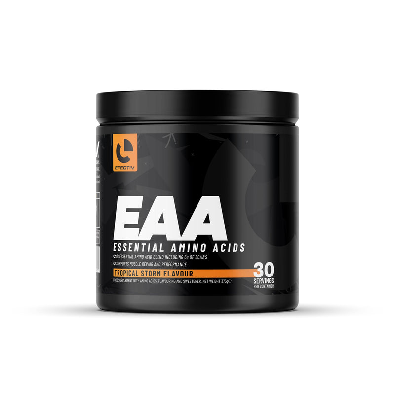 EFECTIV Nutrition EAA 375g Amino Acid Supplements - 8g EAA Amino Acids & 6g BCAAs for Muscle Growth, Recovery & Hydration - Vegan, Zero Sugar, Gluten-Free - 30 Servings (375g, Tropical Storm)