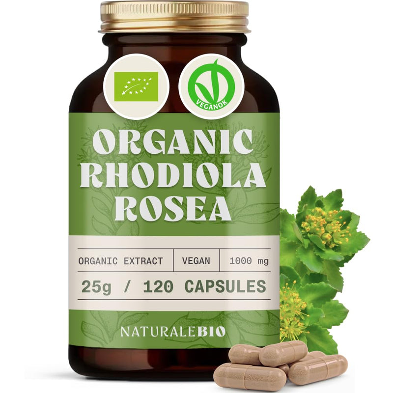 NaturaleBio Organic Rhodiola Rosea 120 Capsules. 1000mg. 100% Vegan Extract (5:1). 2 Month Supply. Traditionally Used to Help Maintain Resilience to Stress.