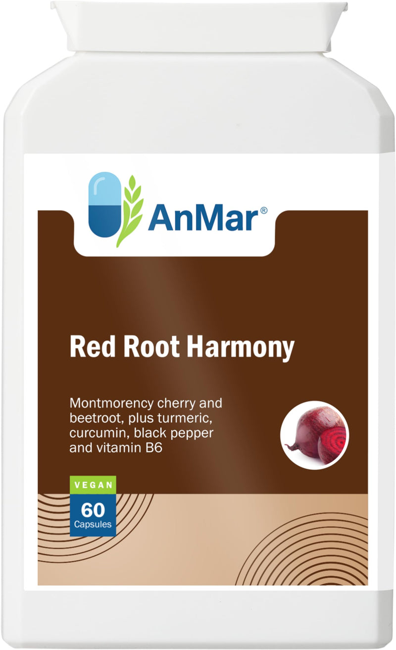 AnMar® Red Root Harmony – Montmorency Cherry & Beetroot Complex with Turmeric, Black Pepper & Vitamin B6 – Vegan Botanical Supplement – 60 Capsules
